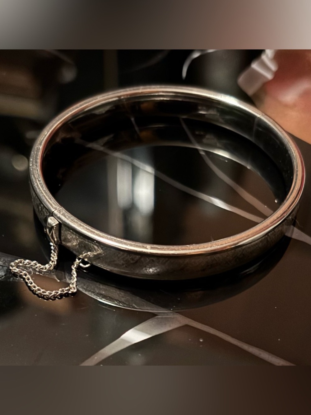 Vintage Hinged Bangle Bracelet-with Safety Chain- not marked